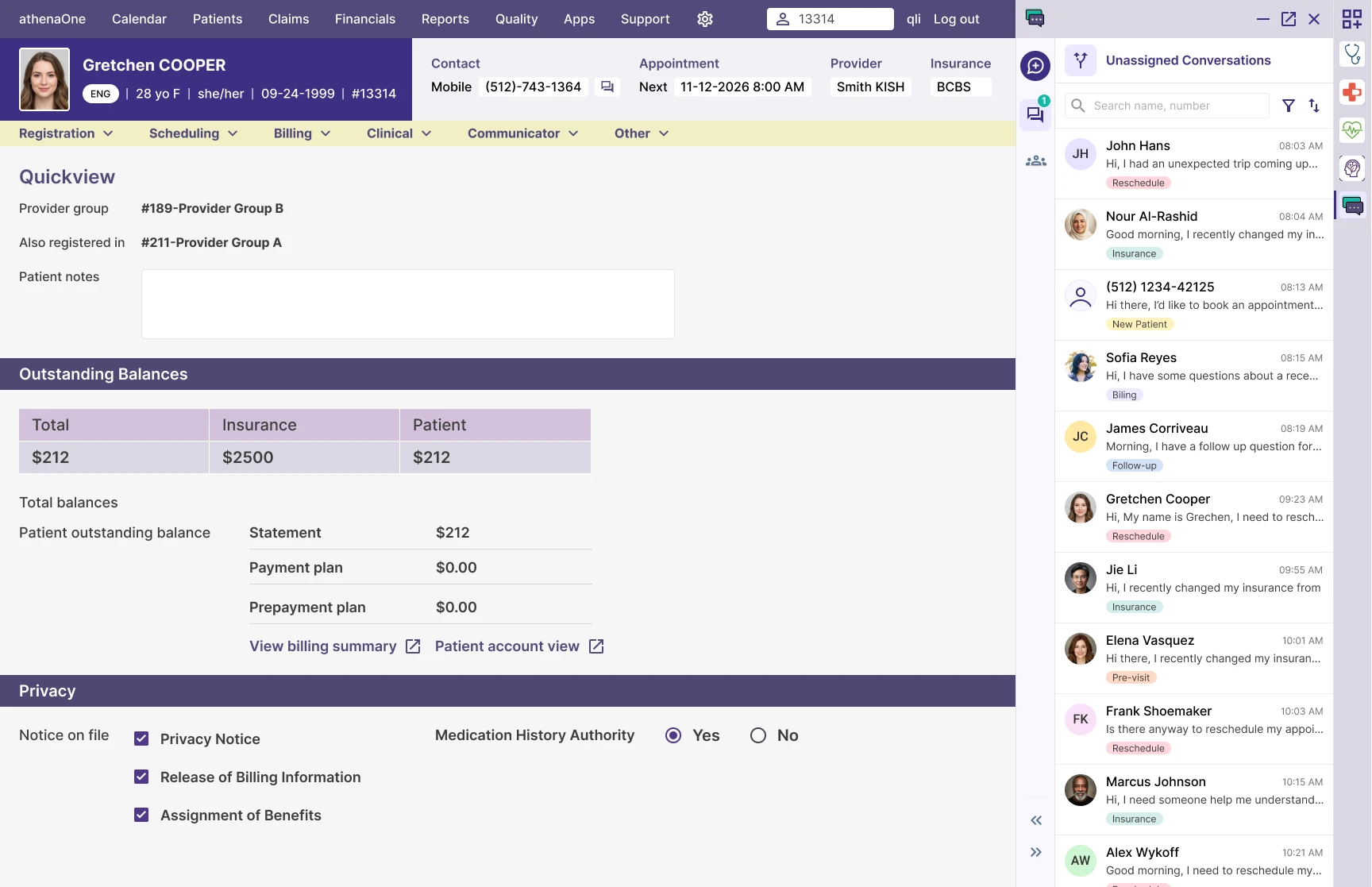 athenaOne Quick View with Patient Conversations docked at 400px, conversation list visible beside the main app
