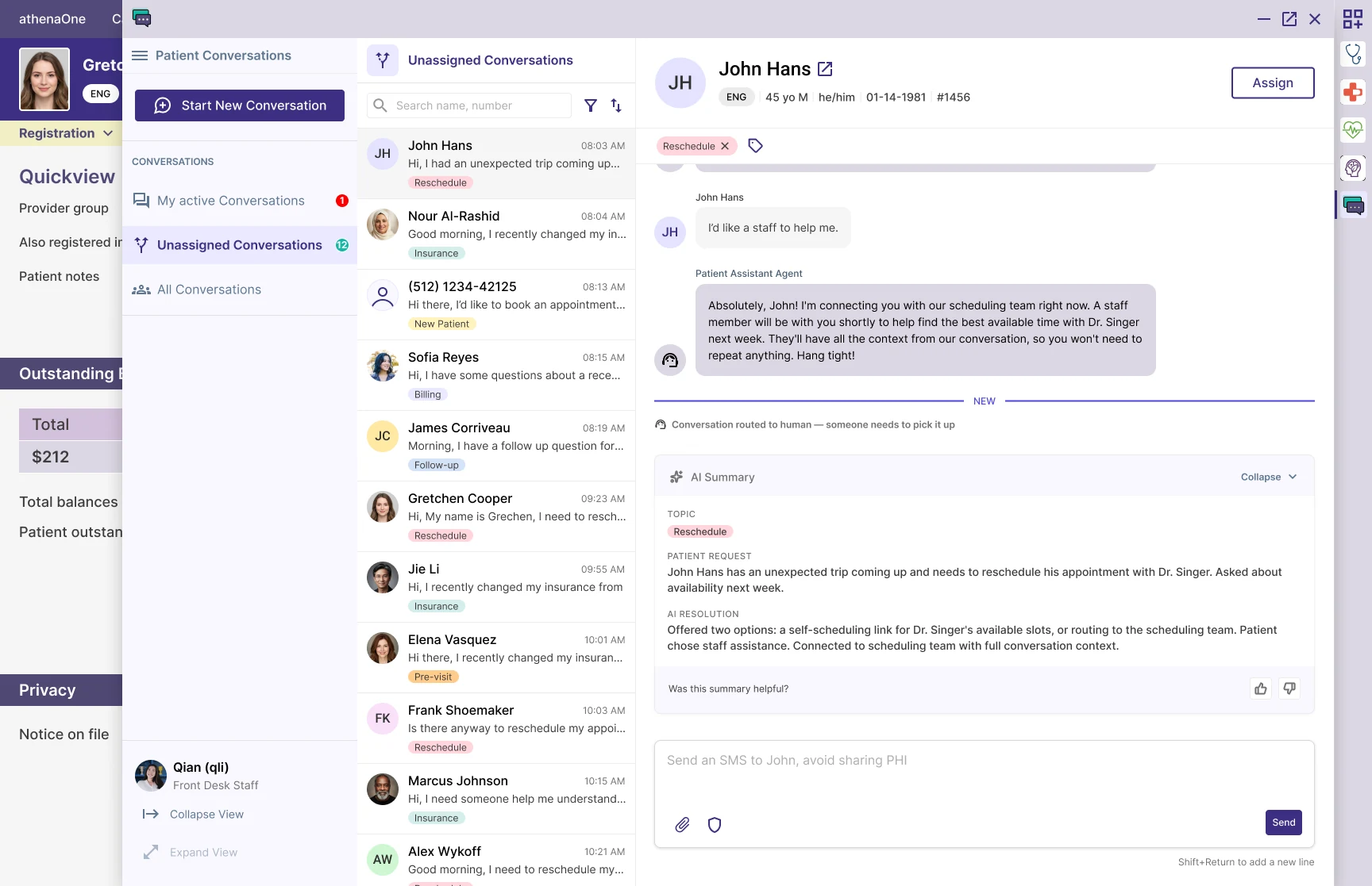 Concept: full view with the navigation menu expanded, showing conversation queues and a user profile