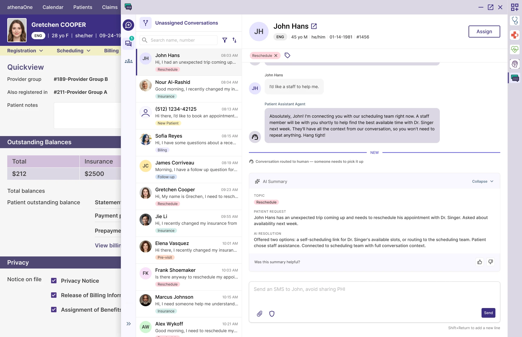 athenaOne Quick View with Patient Conversations expanded to full view, showing a conversation thread with the AI summary card