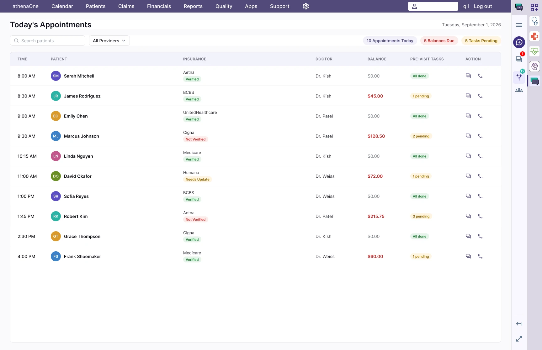 Front desk dashboard showing today's appointments, with Patient Conversations collapsed into the app launcher rail on the right