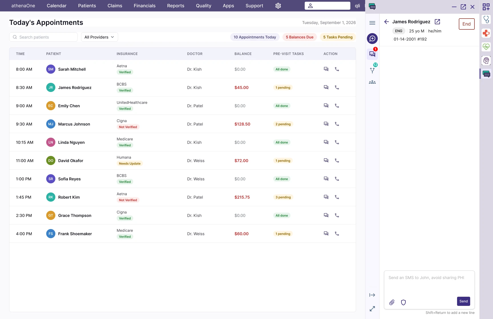 The same dashboard after James Rodriguez's row is clicked: Patient Conversations expanded to its own panel, dashboard reflowed narrower beside it