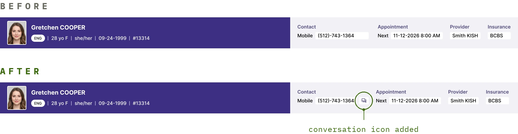 Before and after comparison of the patient banner in athenaOne's Quick View: the after version has a conversation icon added next to the mobile number, which launches Patient Conversations