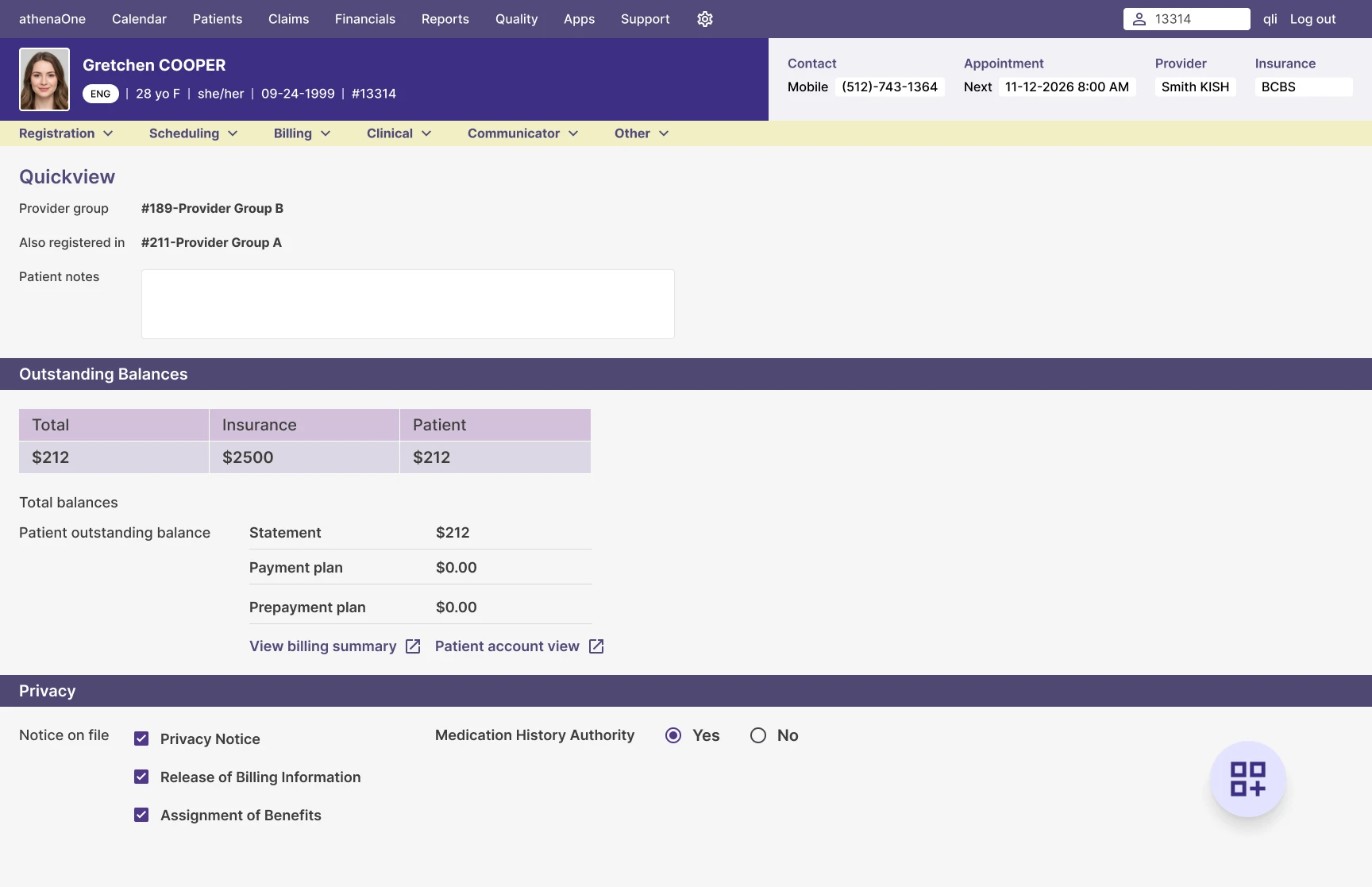 The athenaOne patient Quick View page, with the floating Embedded App Launcher button visible in the bottom-right corner