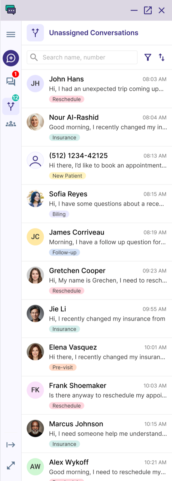 Patient Conversations docked as a narrow conversation list panel
