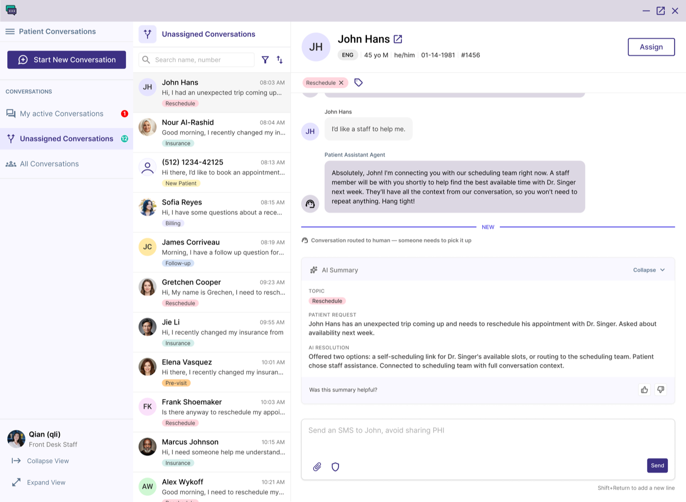 Patient Conversations full view: the inbox with unassigned conversations, a patient thread open with John Hans, and an AI-generated summary panel