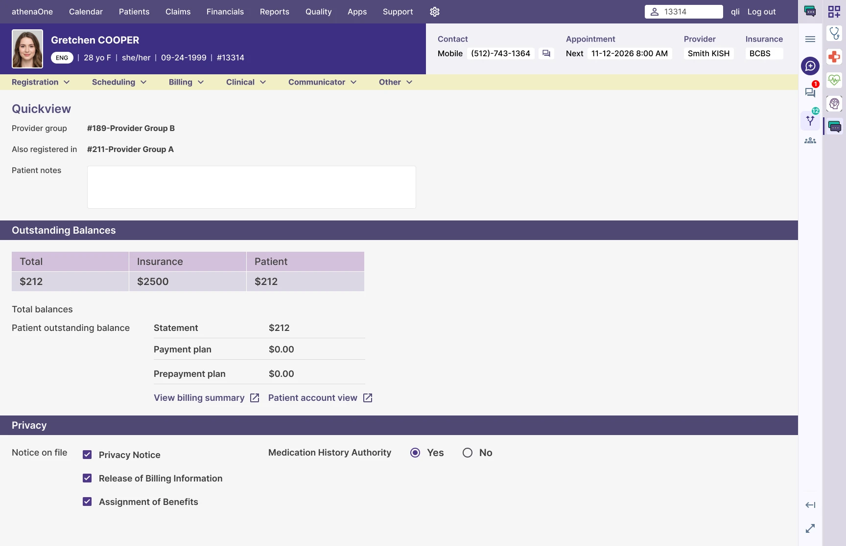 athenaOne Quick View with Patient Conversations collapsed to a notification strip on the right edge
