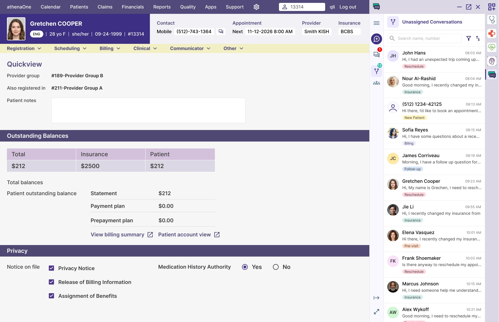 athenaOne Quick View with Patient Conversations docked at 400px, conversation list visible beside the main app