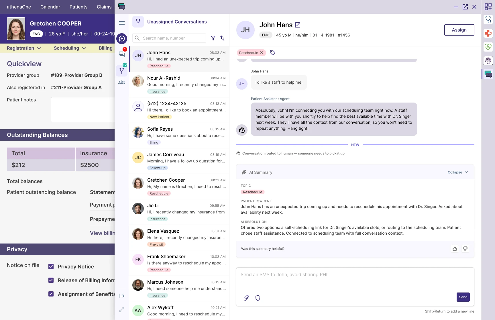 athenaOne Quick View with Patient Conversations expanded to full view, showing a conversation thread with the AI summary card