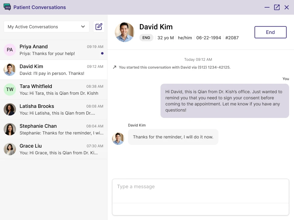 The vendor's two-way texting window open over the Quick View, showing a conversation with patient David Kim